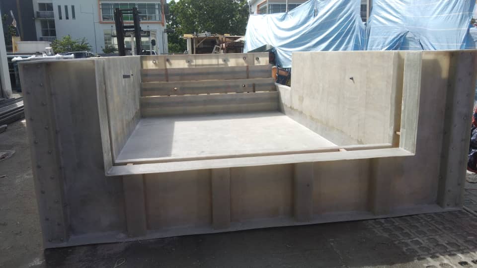 Production-stage FUSION module: the pool was prefabricated in segregated transportable structures rather than as one oversized shell.