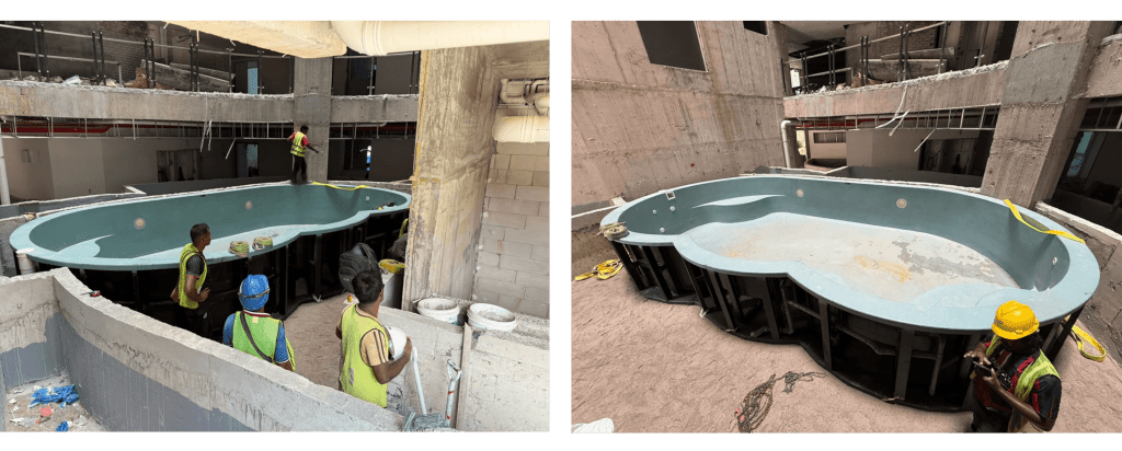 Hydro One® prefabricated composite pool successfully positioned in its Level 4 installation area - ready for the surrounding deck, finishes and remaining M&E works to progress.